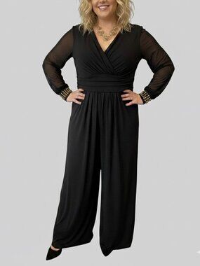 Black Jumpsuit Wide Legs Stud Cuffs XL